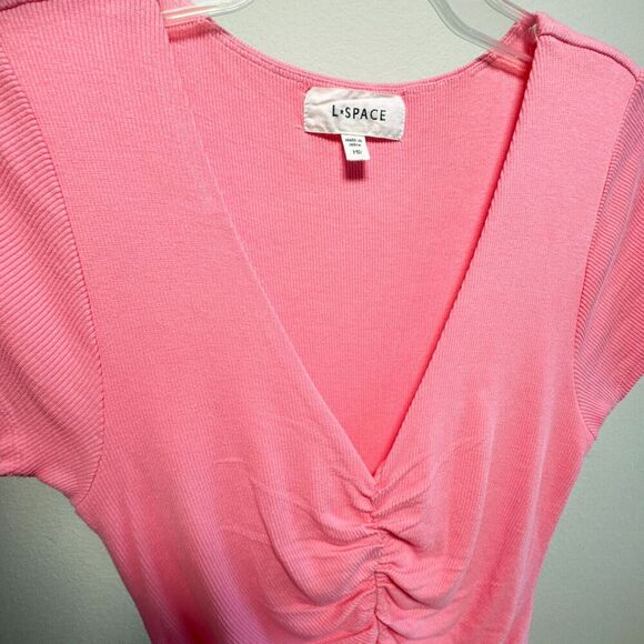 L Space Lani Pink Guava Ruched Mini Short Sleeve Stretch Dress Medium - Picture 3 of 9